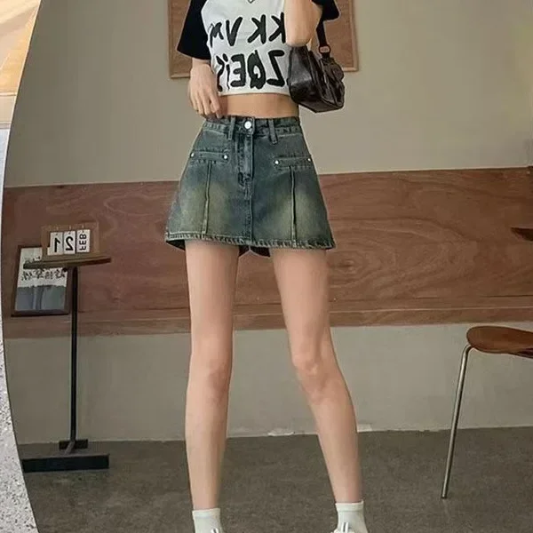Minifalda acampanada ajustada de color azul Retro para mujer, faldas cortas versátiles a la moda, holgadas, de cintura alta, de algodón fino, para verano