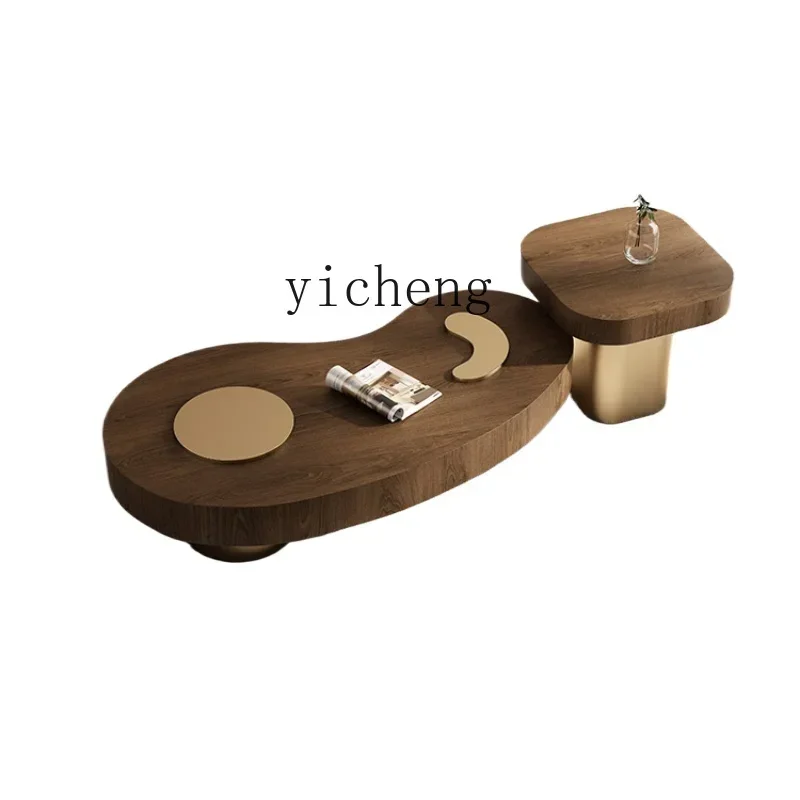 

ZF Light Luxury Small Apartment Living Room Cream Black Walnut Solid Wood Special-Shaped Coffee Table TV Cabinet Combination