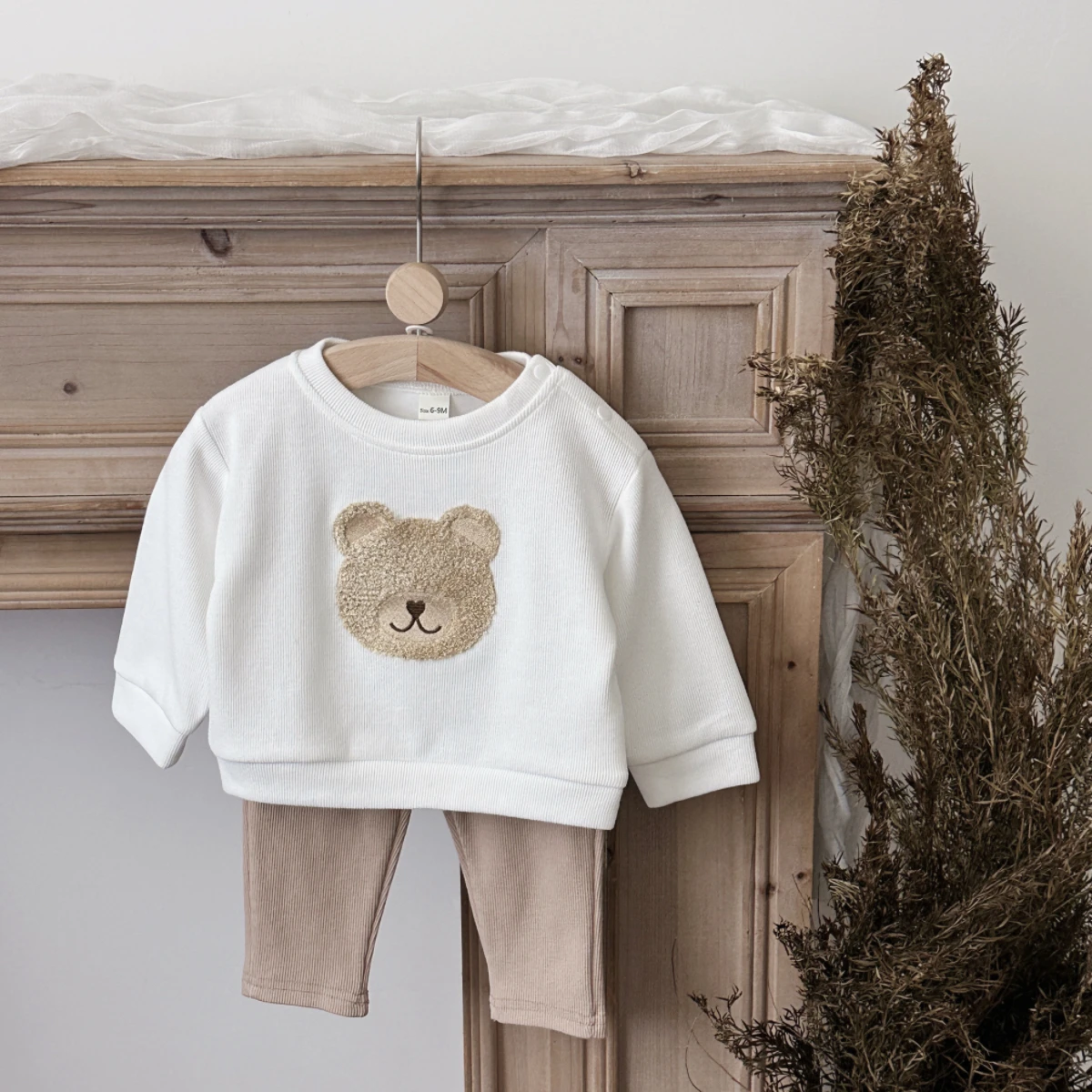 Korean Style Baby Boy Girl Clothes Set Spring Autumn Bear Print Long Sleeve Solid Color Long Pants 2Pcs Kids Outfit