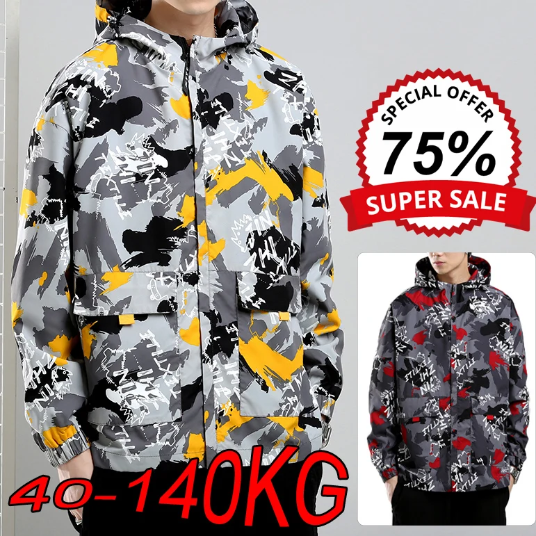 M-8XL Camouflage Jackets Large Size Autumn Winter Men's Trend Hooded Printed Tops Oversized Windproof Loose Handsome Coats