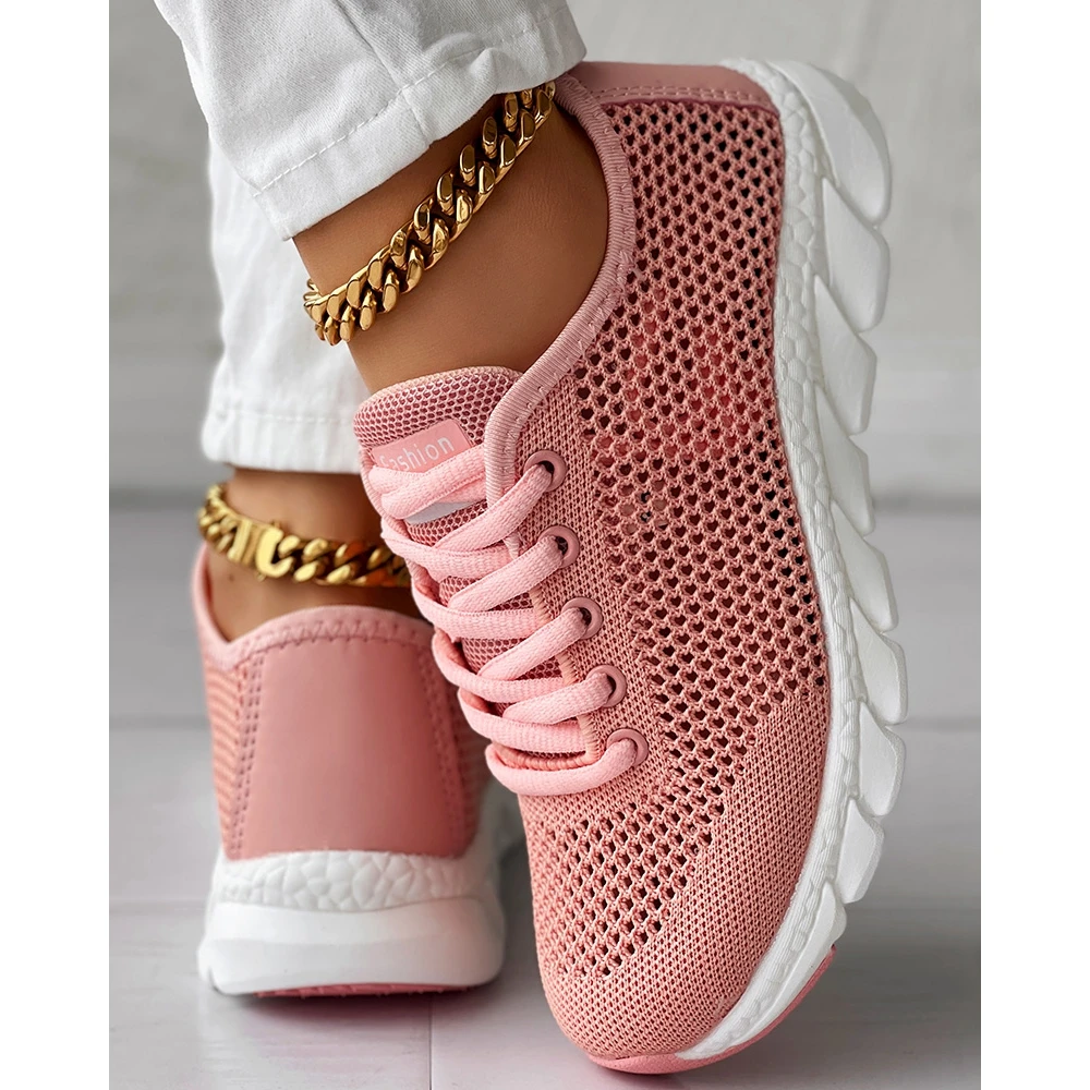Women Hollow Out Breathable Mesh Lace-up Sneakers Casual Round Toe Flats Pink Sports Shoes Spring Daily Fashion Going Out Shoes