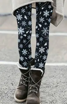 Women's Winter Snowflake Leggings Navy Blue White Print Stretchy Slim Fit Pants Christmas Holiday Skinny Bodycon Trousers