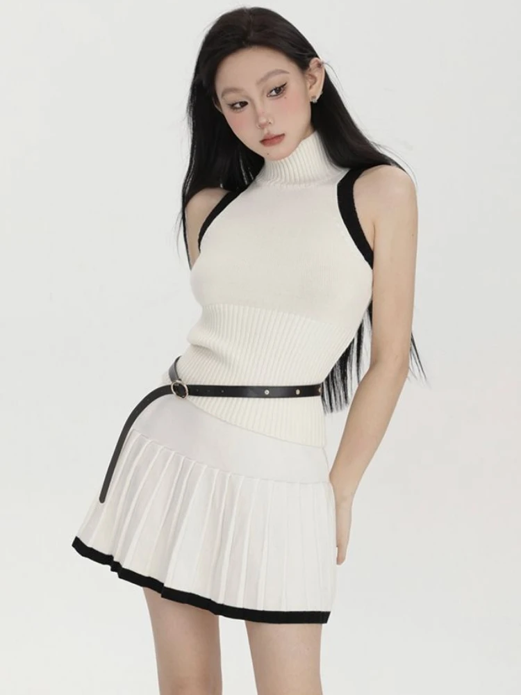 Fashion Elegant Matching Sets Turtleneck Crop Tops High Waist Pleated Mini Skirts Knit Female Slim Contrast Color Women Clothing