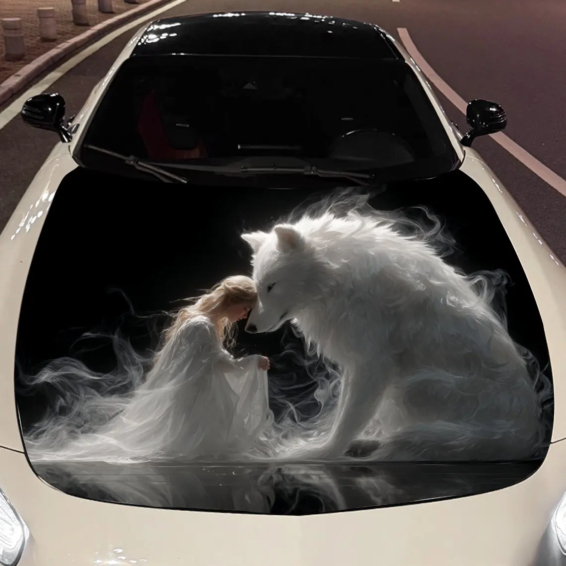 

Woman has Intimate Contact with White Wolf Car Vinyl Wrap, PVC Material Waterproof Car Hood Sticker, Self-Adhesive Scratch-Resis