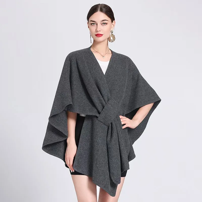 Fashion Side Strap Soft Wool Blends Poncho Cape Coat Autumn Winter Women Cardigan Shawl Cloak