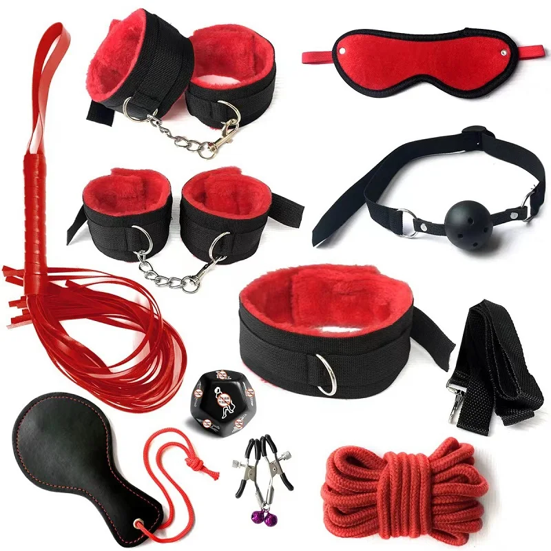 10PC BDSM Bed Restraints Sex Toy Kits Handcuffs 18+ Adult Sex Game Sexy Suit Nipple Clipper Mouth Gag Whip Sex Feather Soft SM 