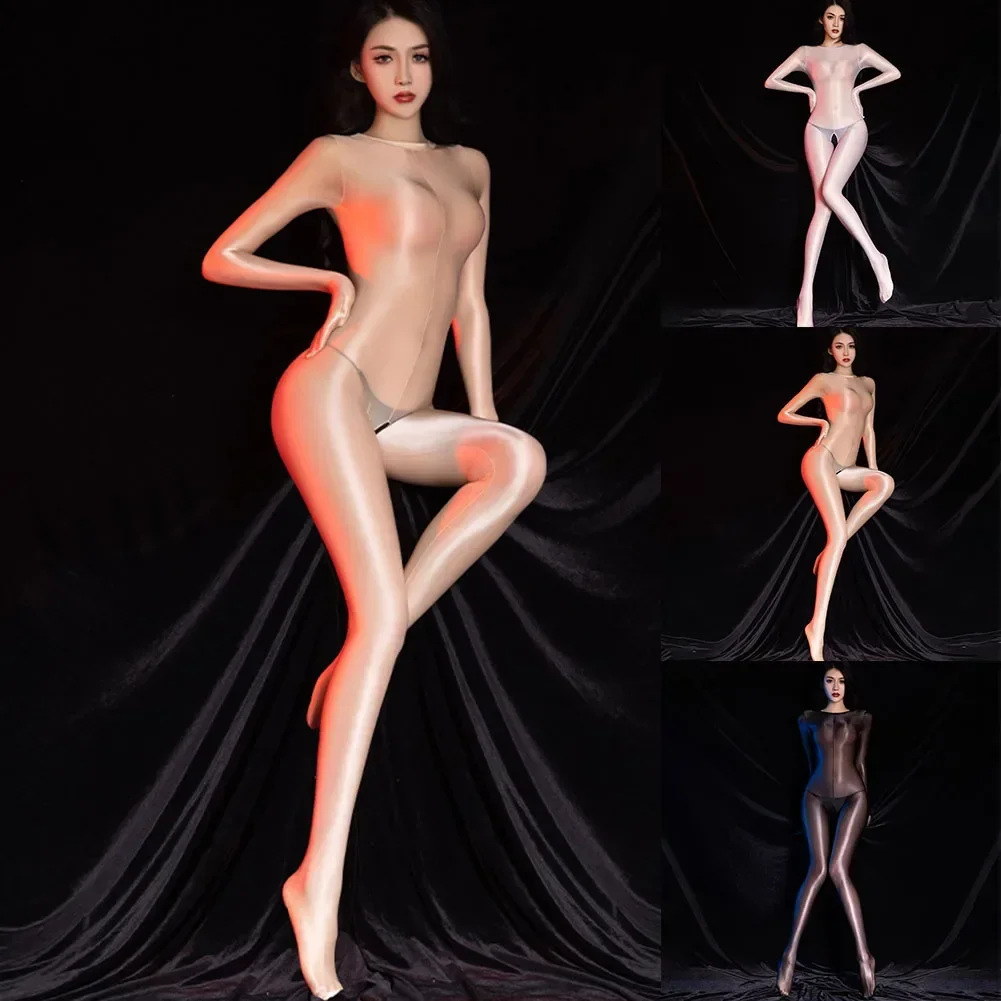 Женские комбинезоны, масляные колготки с открытой промежностью, прозрачное блестящее ультратонкое нижнее белье, чулки для тела, одежда для сна