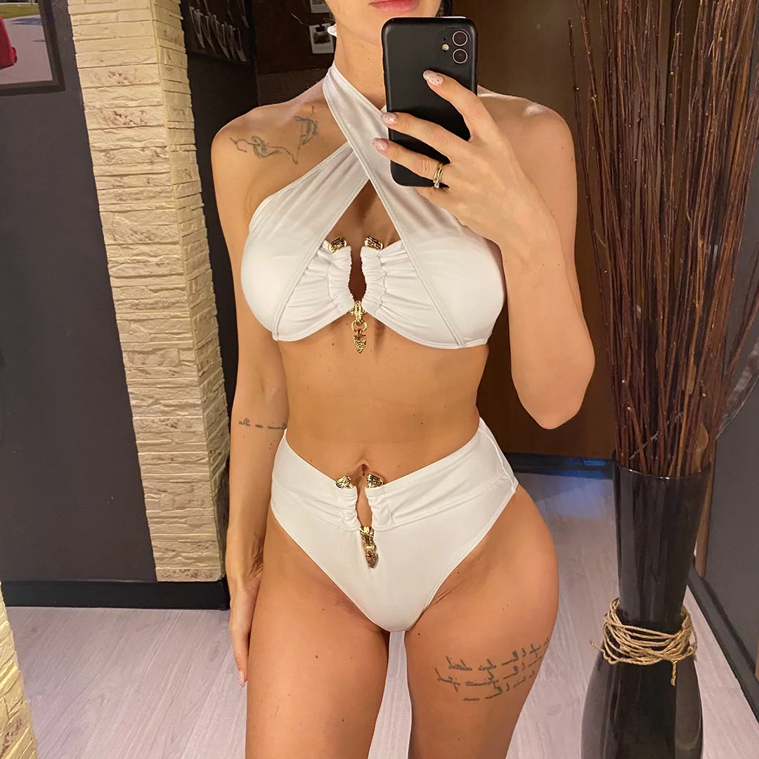 Neuer Neckholder-Bikini mit Cut-Outs und hoher Taille, Damen-Badeanzug, zweiteiliges Bikini-Set, gepolsterter Badeanzug, Badebekleidung, Schwimmbekleidung V6256B – Detail 10