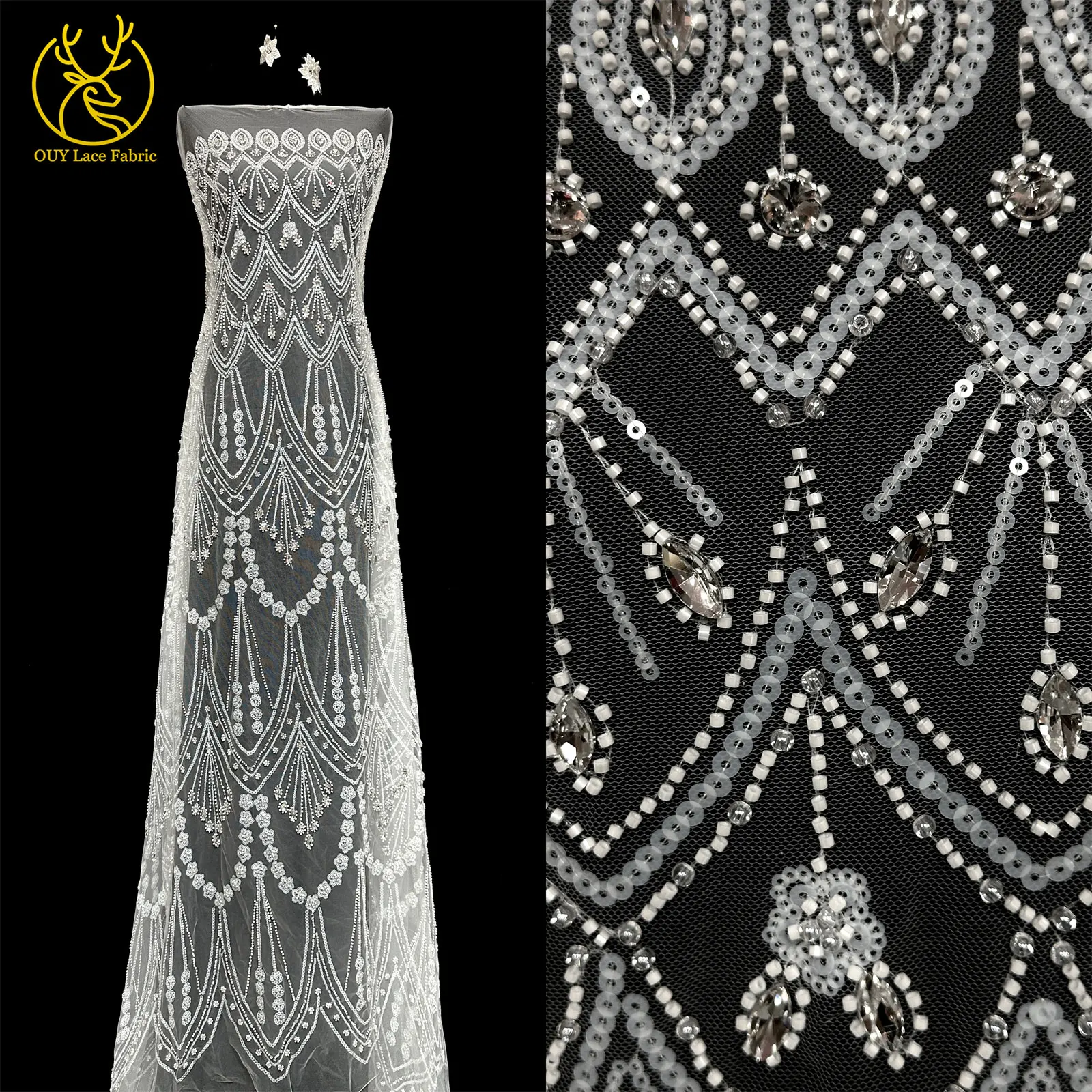 Nigerianisches weißes Hochzeitskleid Tüll-Mesh-Spitzenstoff Hochwertiger französischer Stein-Spitzenstoff Afrikanischer Perlen-Pailletten-Spitzenstoff – Detail 21