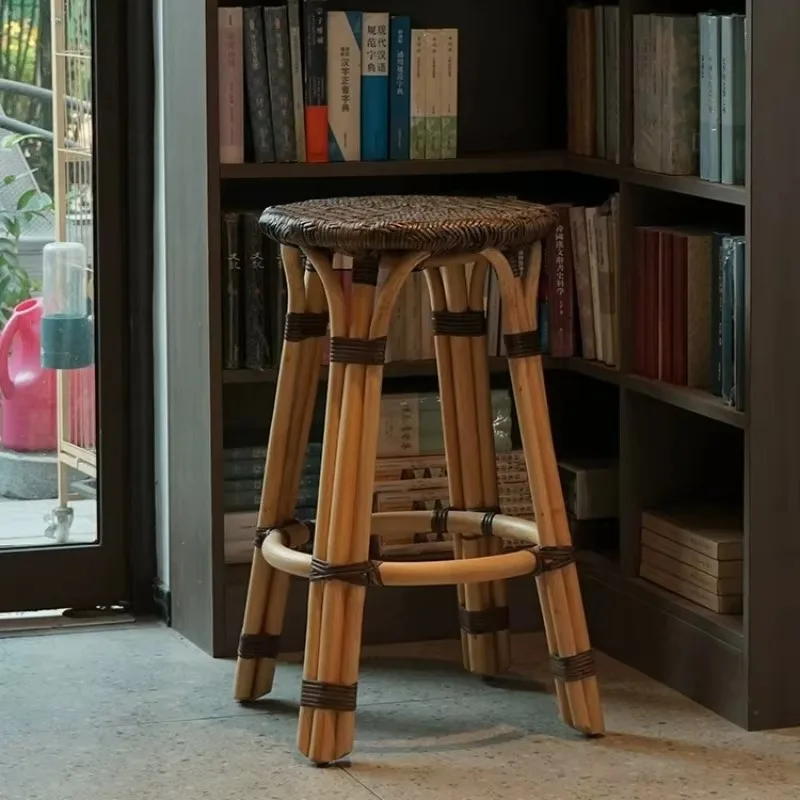Rattan Bar Stools Single Person Home-made Solid Wood High Stool Living Room Use Retro Home Bar Chairs Simple Country Furniture