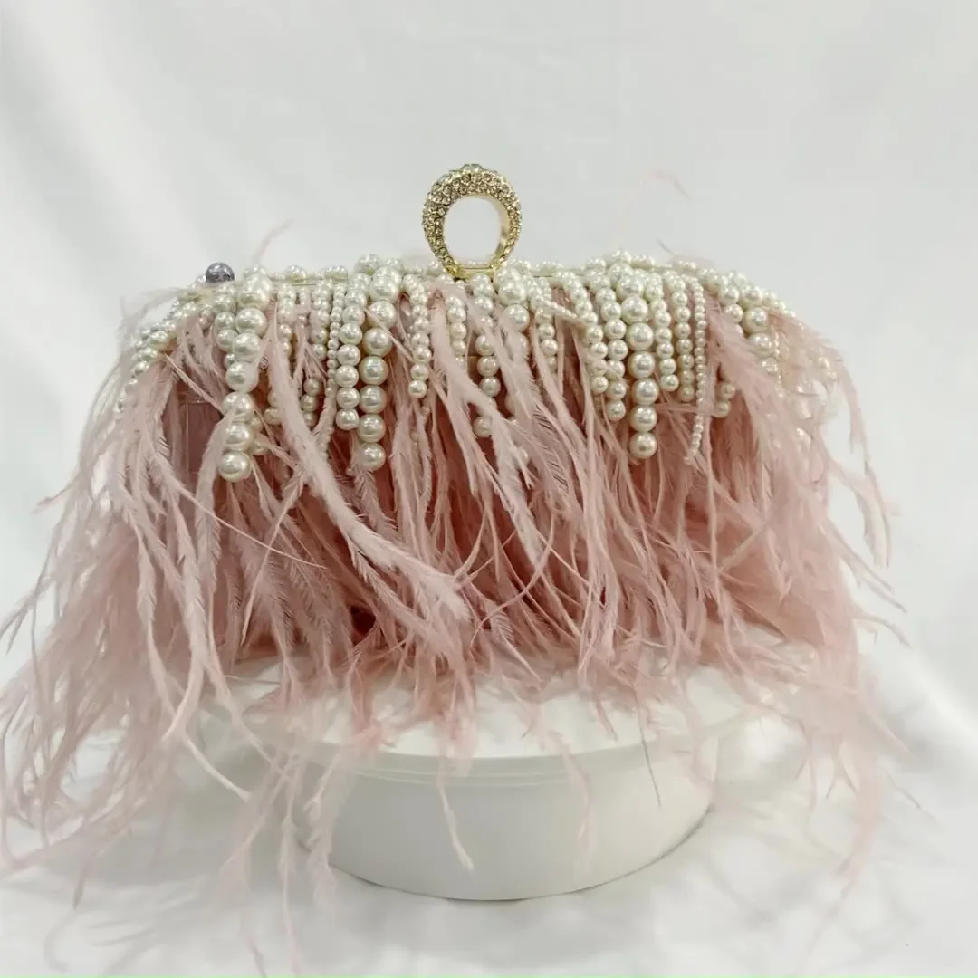 Luxury Ostrich Feather Party Evening Clutch Bag Women Wedding Pearl Tassel Purses and Handbags Chain Shoulder Bag Designer Bag