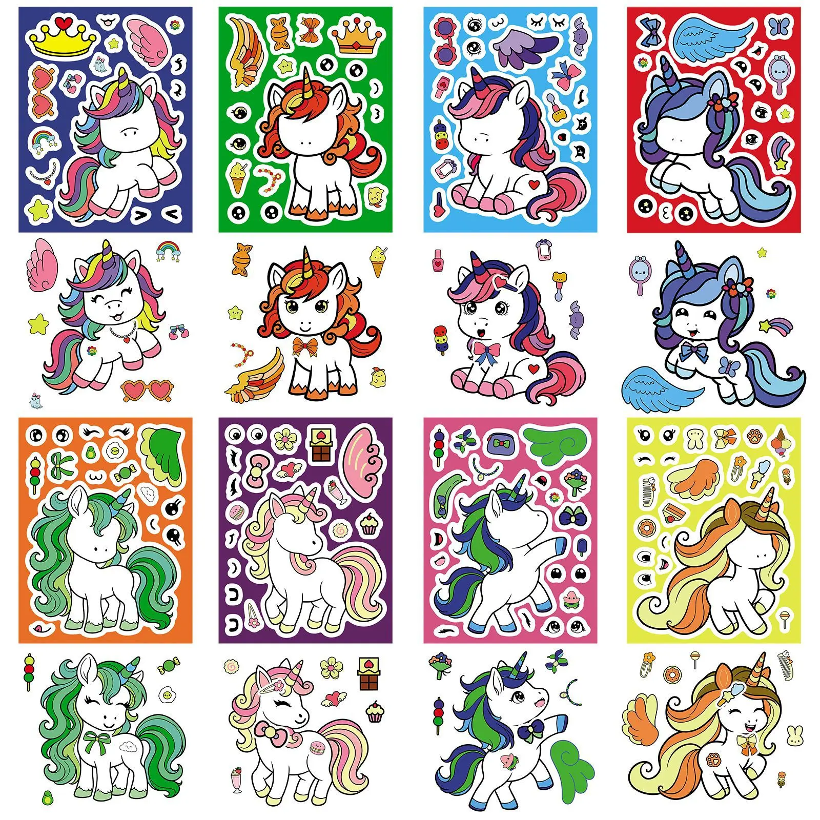 8 Pcs Hand Drawn Unicorn Face Swap DIY Waterproof Decals for Journal Drawing Board Notebook Stationery Gift