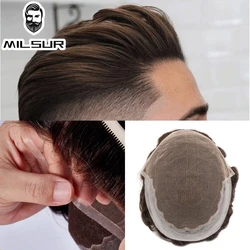Q6 Toupee For Men Lace & PU Base Human Hair System Unit Toupee Wig For Men Durable Male Hair Prosthesis Men's Wigs