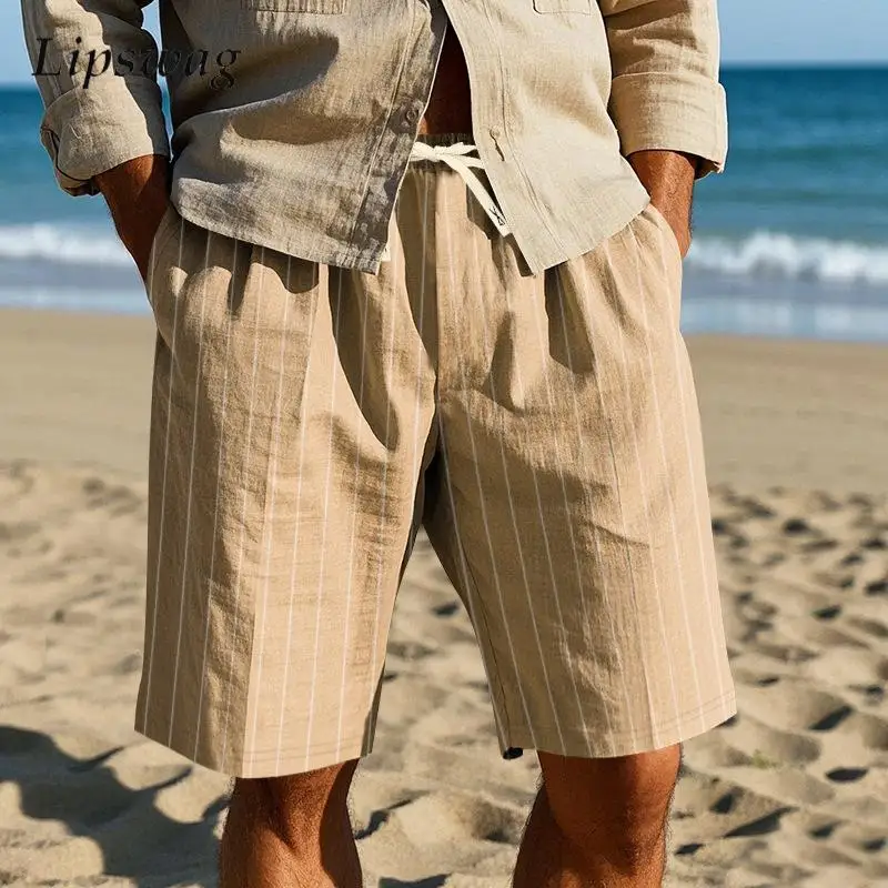 

Summer Beach Casual Breathable Linen Shorts Men Vintage Striped Drawstring Shorts Outdoor Fashion Mens Loose Straight Short Pant