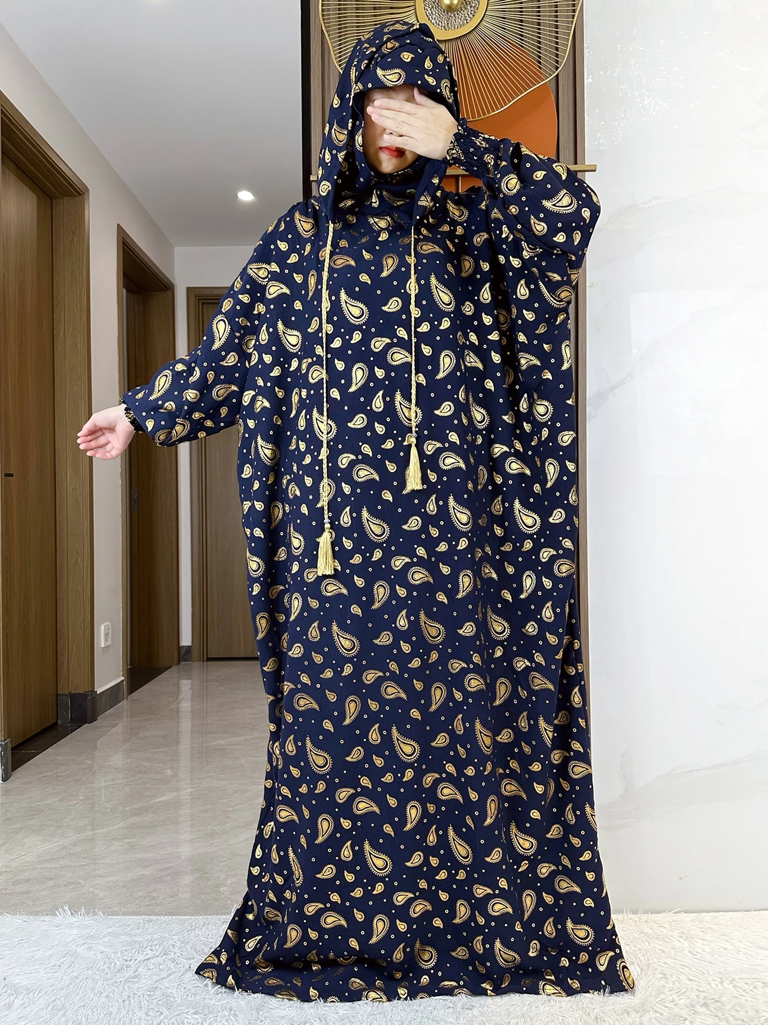

High Grade Fabric Cotton Ramadan Muslim Women's Abaya with Two-Hats Dubai Turkey Style Islamic Prayer Clothing Kaftan Dress
