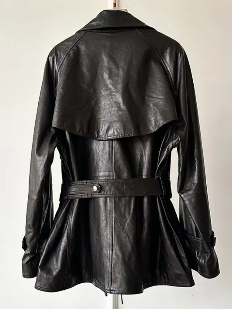 Britischer Stil für Damen, einfarbig, Revers, echtes Leder, Schärpenjacke, lockere einreihige, lange Ärmel, Schaffell-Oberbekleidung