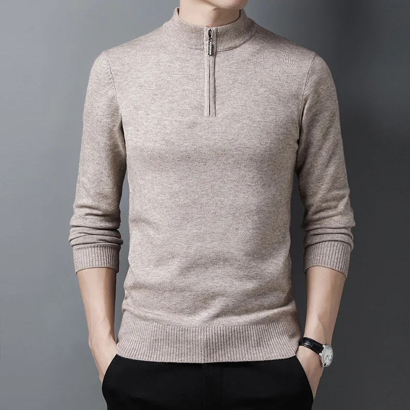 2023 Autumn and Winter Men's Zipper Half High Neck Solid Color Pullover Long Sleeve Knitted Bottom Shirt Fashion Sweater Tops