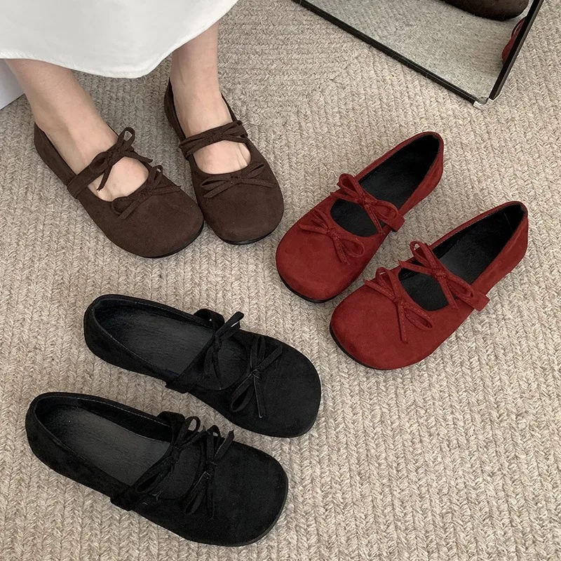 Shoes for Woman Shallow Mouthed Ballet Flats Solid Color Slip on Bow Mary Jane Women\'s Shoes Soft Sole Casual Red Single Loafers