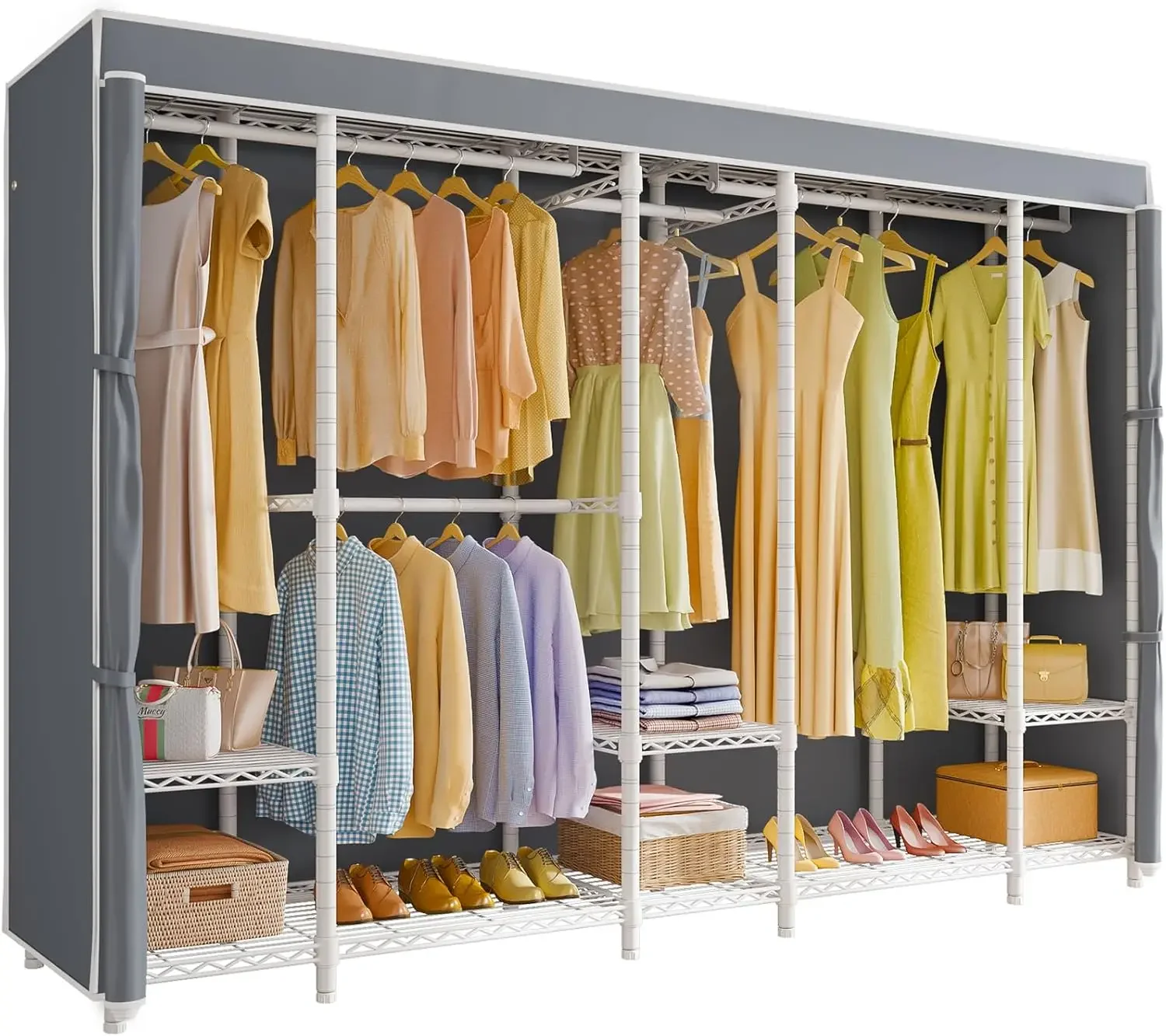 Extra Large Coverd Clothes Rack, White Portable Closet Rack with Grey Cover