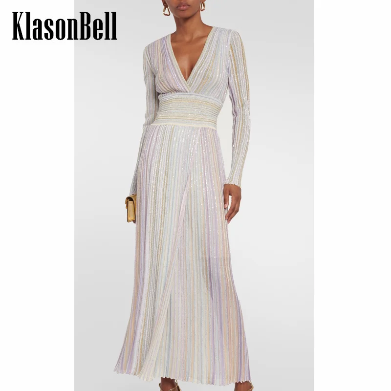 

11.18 KlasonBell Temperament Deep Sexy V-Neck Metal Bright Silk Striped Knit Stretch Collect Waist Pleated Maxi Dress Women