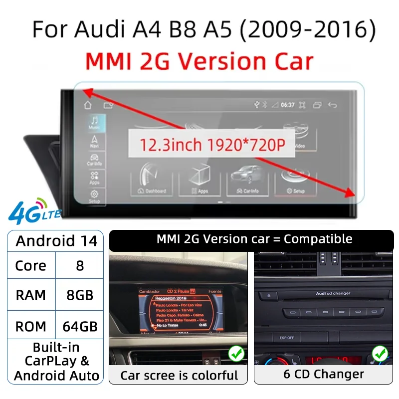 Nunoo Für Audi A4 B8 A5 2008-2017 MMI 2G 3G Android 14 Drahtlose Carplay Auto Radio Bildschirm auto Multimedia-Player GPS Navi Stereo DSP 6