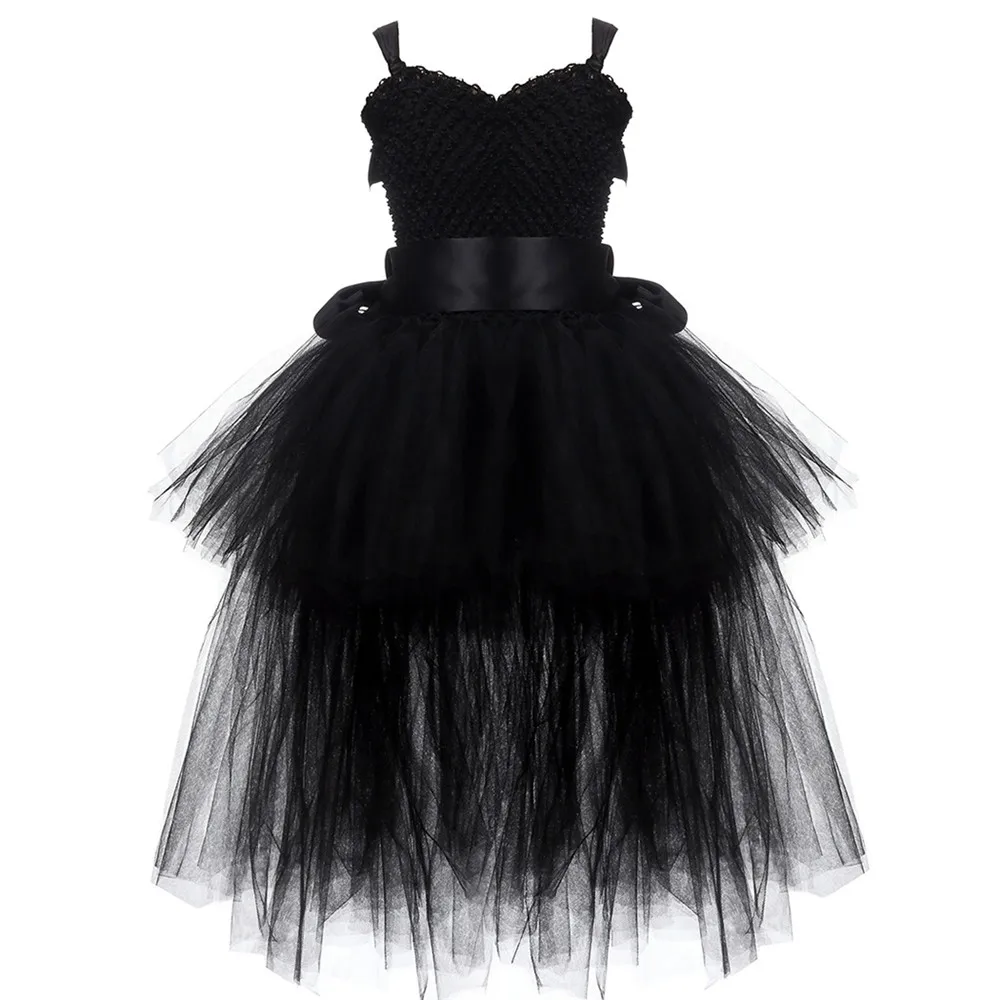 Girls Pink Black Tutu Dress V-neck Train Girl Evening Birthday Party Tulle Dresses Girl Ball Gown Dress Kids Halloween Costumes