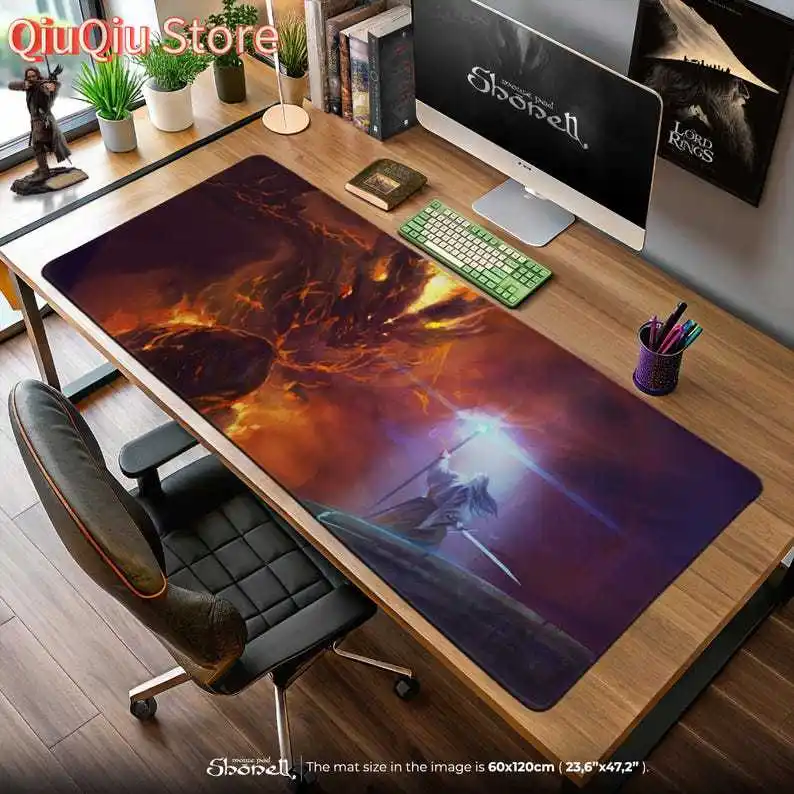 لوحة ماوس Lord of the Rings – Gandalf vs Balrog على جسر Khazad-dünm، سجادة مكتب معركة خيالية، ديكور هدايا للأرض الوسطى