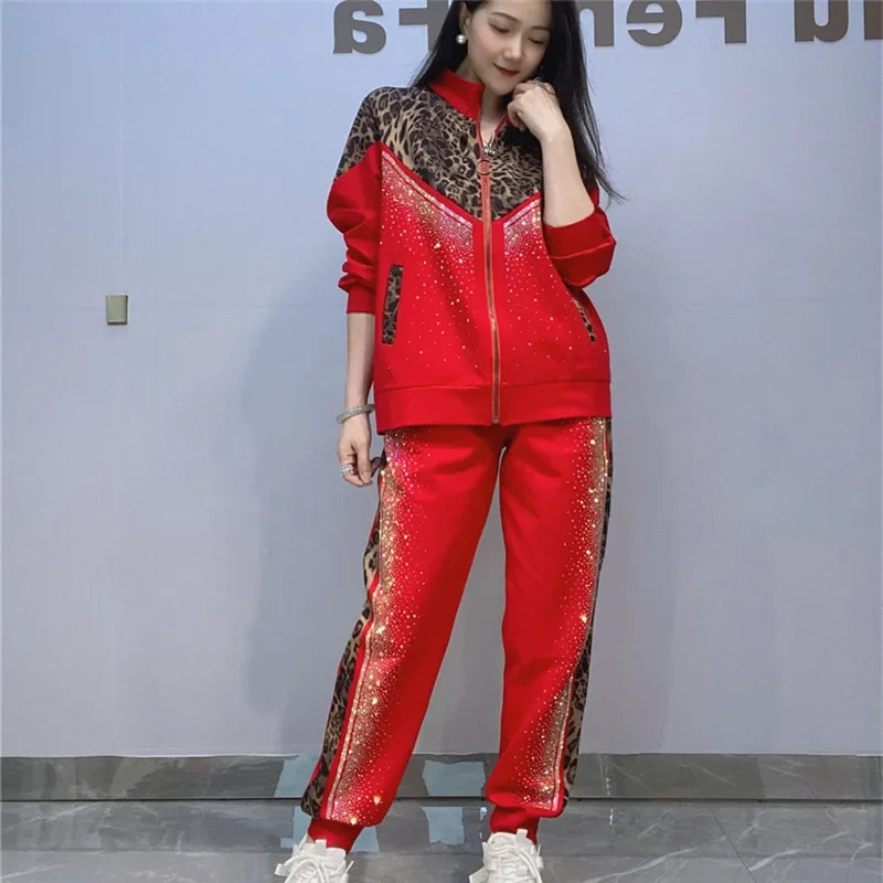 

Spring Diamond Leopard Print Patchwork Tracksuits Set Women Loose Stand Collar Long Sleeve Cardigan Pencil Pants Outfits Female