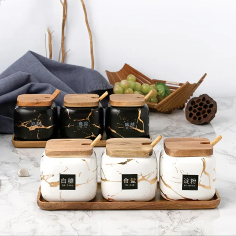 Matte marble pattern ceramic seasoning jar Set Wood Tray oil and salt shaker household Spice box kitchen bottle