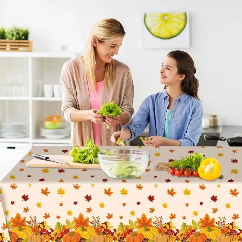 1pc Thanksgiving Disposable Tablecloth Autumn Waterproof Maple Leaf Pumpkin Fall Harvest Party Decor Dinner Table Cover