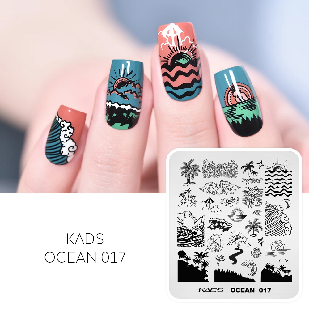 KADS Ocean 017 Nail Stamp Plates Wave Sunset Seagull Palm Tree Moon Design Templates Nail Art Stamps Image Plate Stencils