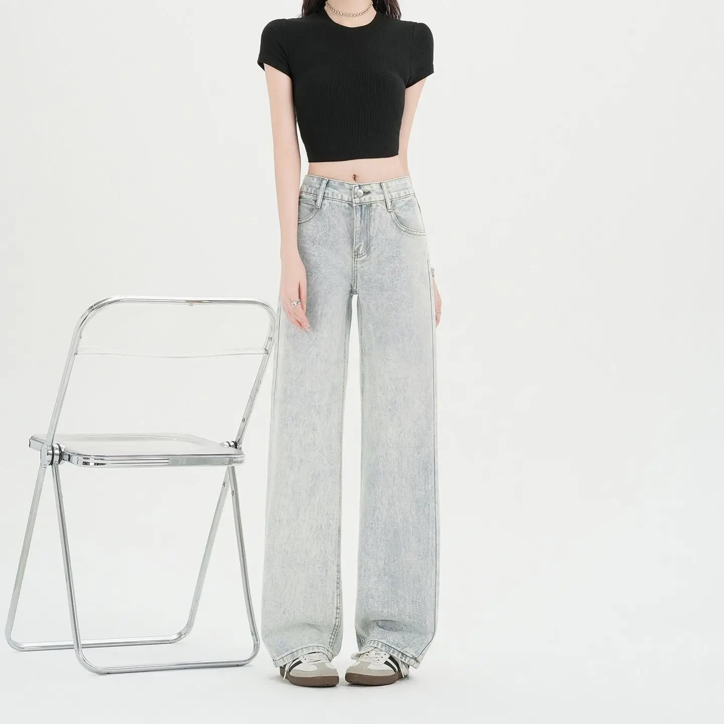 Low Rise Straight Leg Jeans Womens Light Blue Loose Fit Slimming Narrow Version Wide Leg Trousers Y2K Casual Streetwear Summer