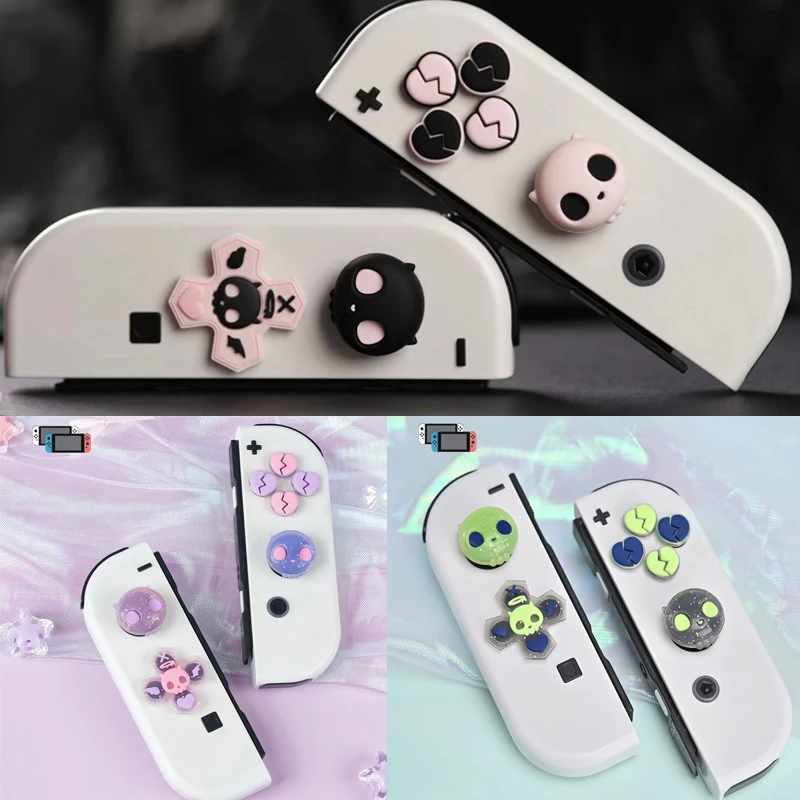 Bling Skull Silicone Soft D-pad Cross Button ABXY Key Sticker Skin Case For Switch Oled NS Joy-con Thumb Stick Grip Cap Cover