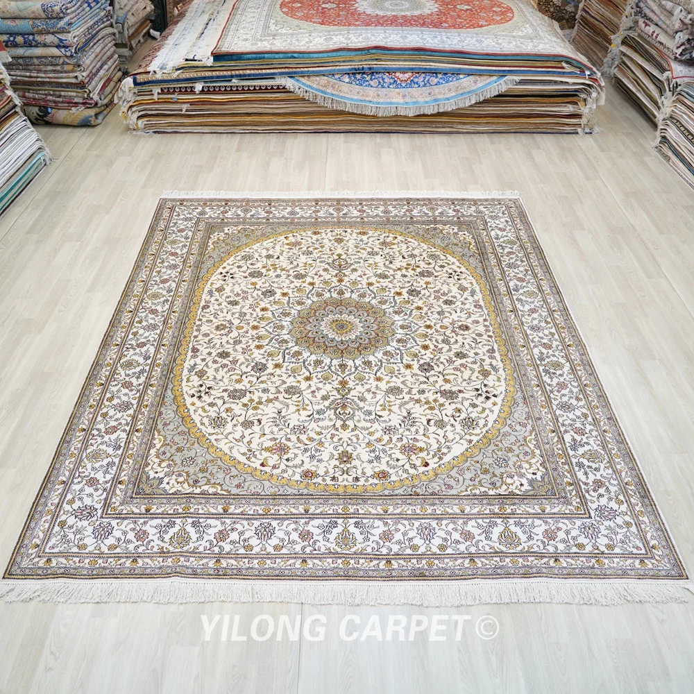 244x305cm Handmade Silk Rug Oriental Large Antique Beige Turkish Carpet (YJH224AB)