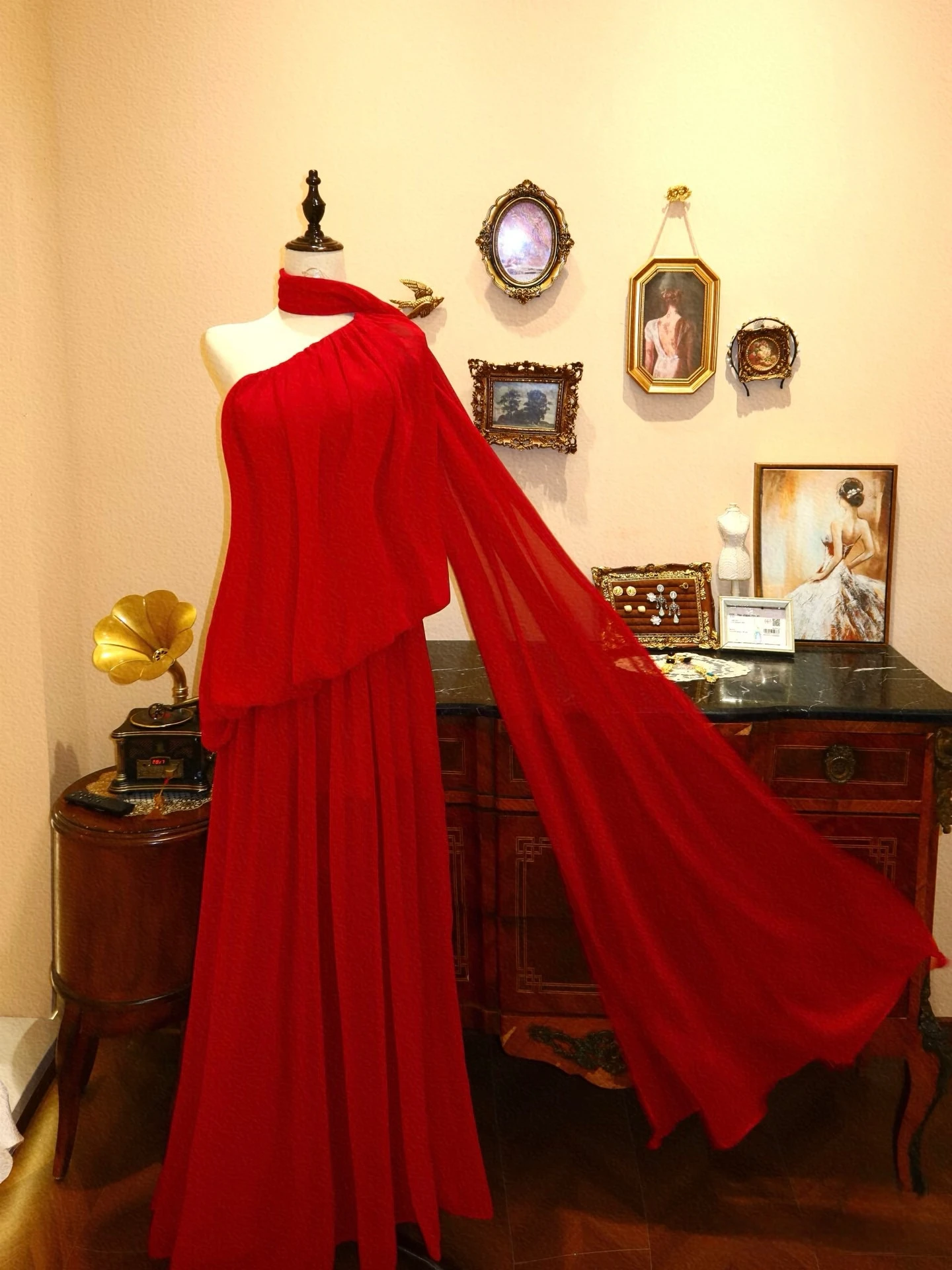 Abito da sera rosso per il tempo libero, senza maniche, con una spalla, con nastro pieghettato, per occasioni formali, abito da sposa per brindisi