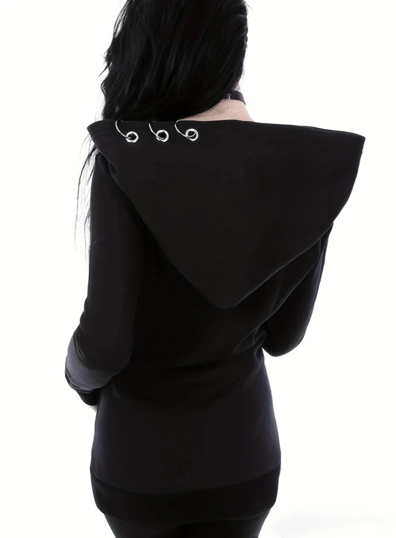 المرأة القوطية البريدي هوديي الشرير كامل البريدي الصلبة الأسود طويلة الأكمام مقنعين البلوز خمر التطريز الشارع الشهير كل موسم عارضة #3