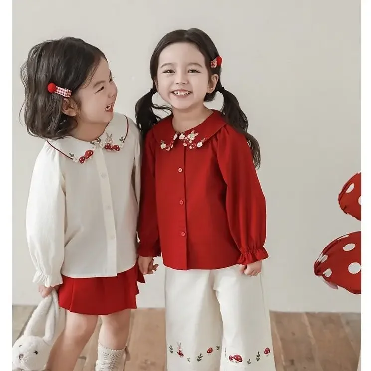 Girls Three-dimensional Embroidered Lapel Shirt 2024 Autumn Fungus Flower Blooming Pleated Cuffs Casual Doll Collar Top