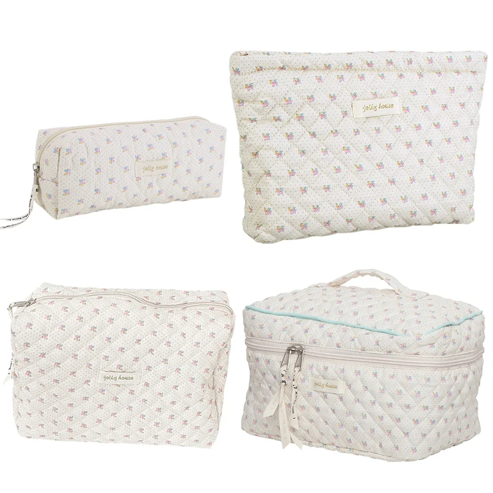 Cute Quilted Cotton Makeup Bag Women Zipper Cosmetic Organizer Female Cloth Handbag Box Shape Portable Toiletry Case For Girls