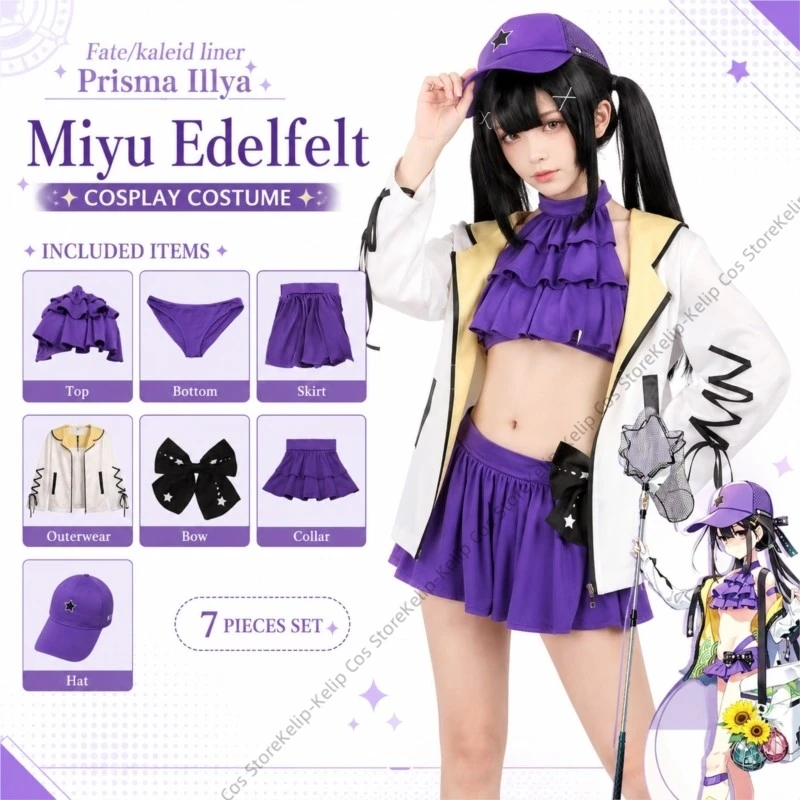 Fate Miyu Edelfelt Cosplay Costume Summer Swimsuit Crop Top Pleated Skirt White Jacket Halloween Carnival Comic Con Party