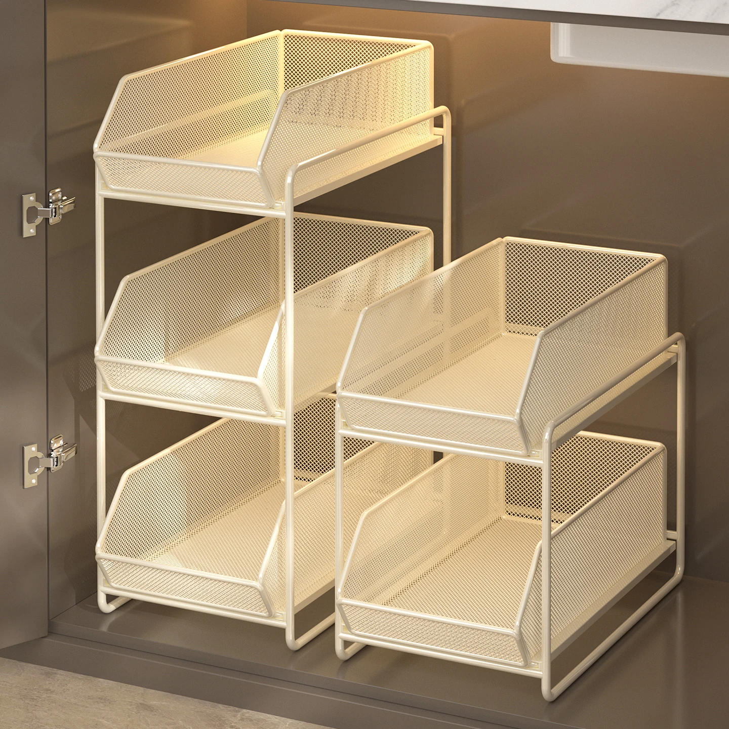 Two Or Three Tier Pull-Out Under Sink Organizer Carbon Steel No-Assembly Cabinet Storage Rack Spices Dishes Cookware Kitchen