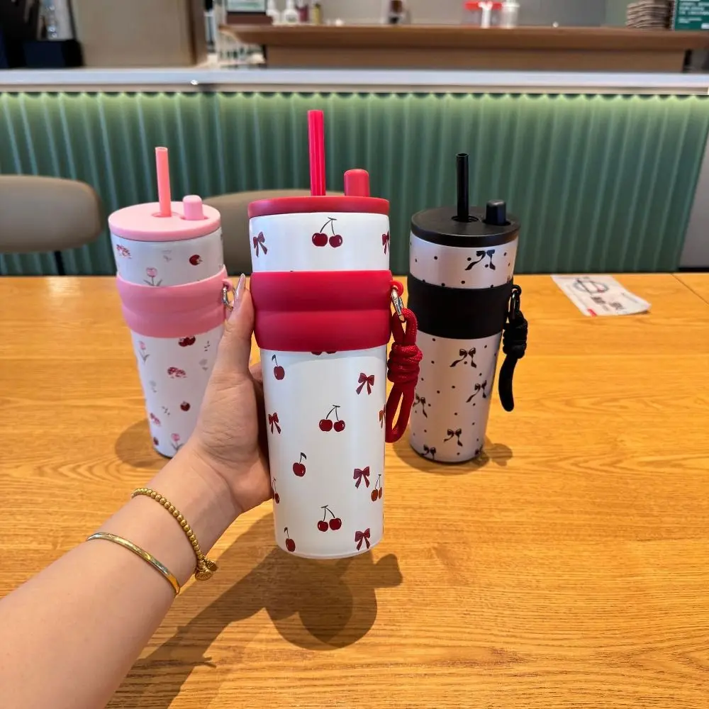 Winter 700ML Red Cherry Thermos Cup Bow Pink Flower Vacuum Cup Gift With Lifting Rope Direct Drinking Cup Car Cup