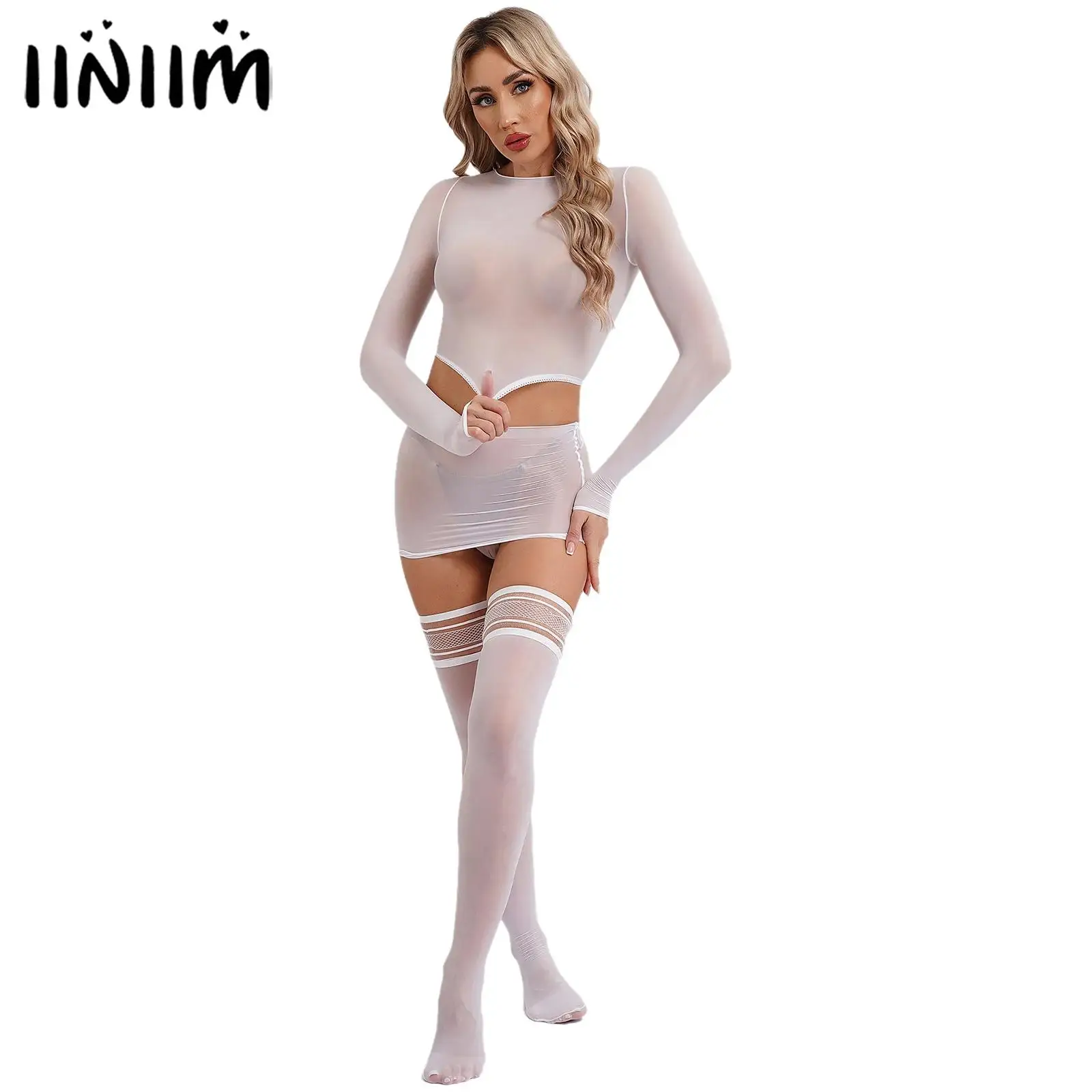 

Womens Lingerie Sexy Thigh High Stockings Tempting 3-piece Nightwear Long Sleeve Crop Top Hip Wrap Miniskirt Sheer Lingerie Set