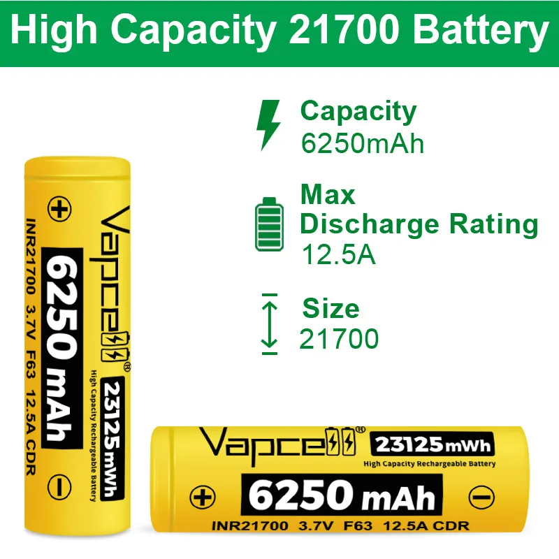 بطارية جديدة عالية السعة 21700 Vapcell F63 INR 21700 6250mAh CDR 12.5A بطارية قابلة للشحن لحزمة بطارية تخزين الطاقة