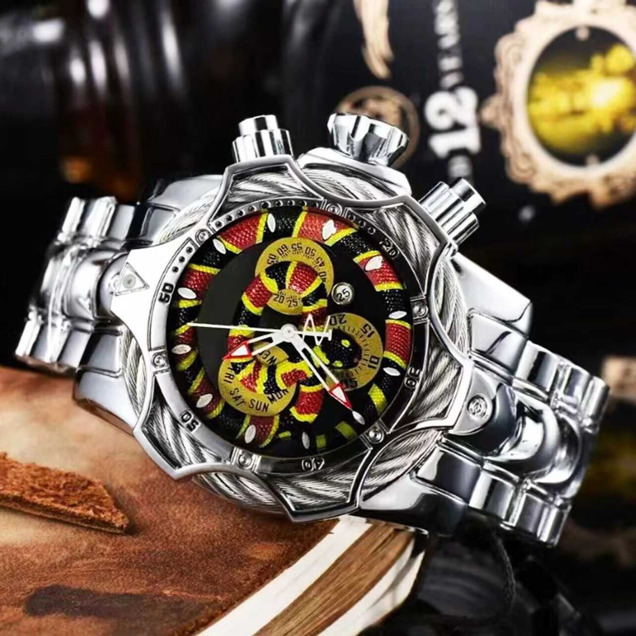 Fashion Popular Reptiles Series Pet Snake Large Dial Mens Quartz Watch Luminous Pointer Auto-date Steel Strap Wristwatch - view 4