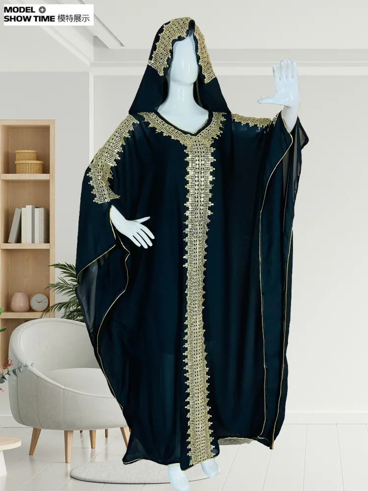 Dubai Eid Hooded Abaya Women Muslim Boubou Bat Sleeve Maxi Dress Turkey African Kaftan Islam Djellaba Morocco Party Evening Robe