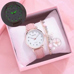 Women's Fashion Simple Glow Leather Watch Strap Quartz Watches Free Two Piece Bracelet Set No Box