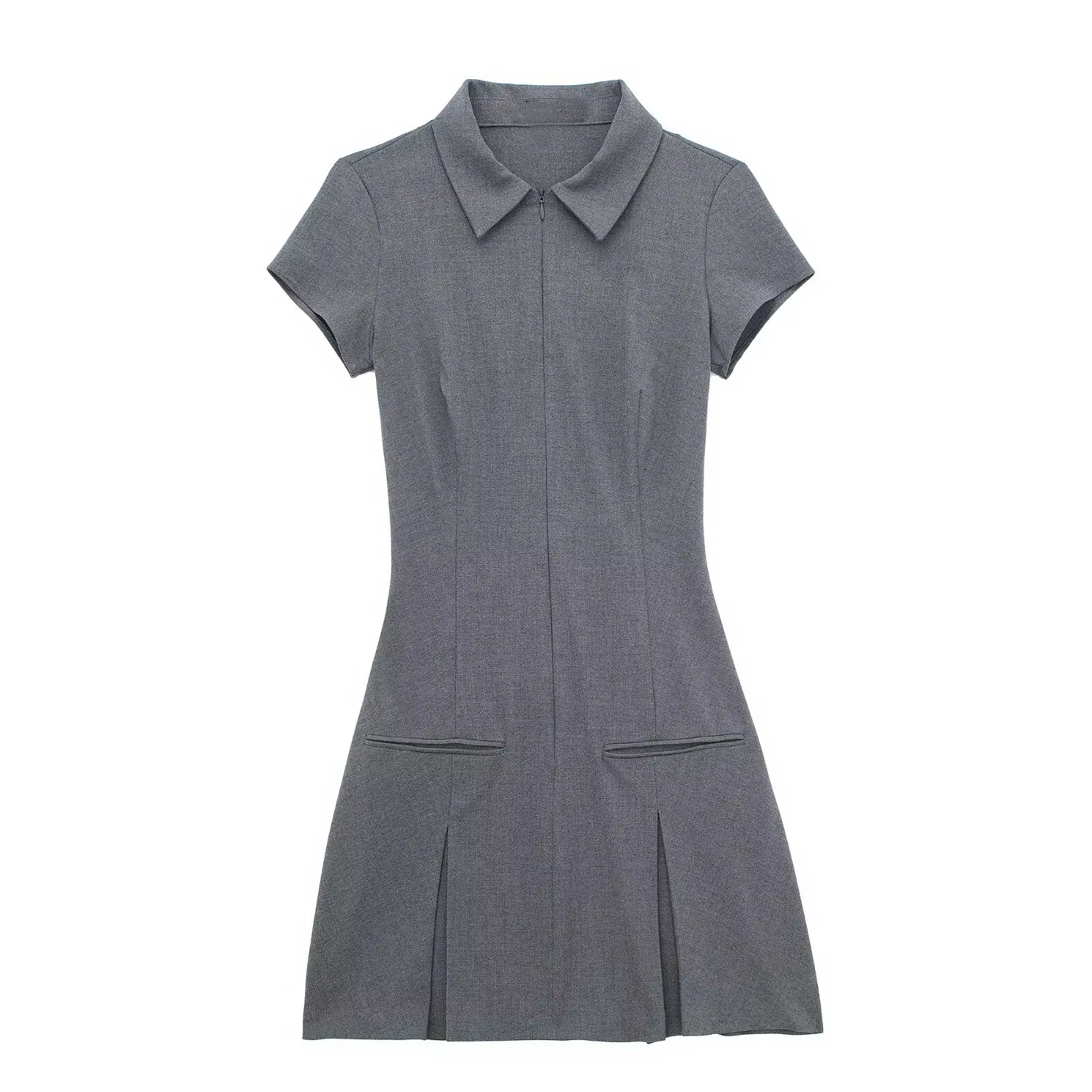 

2024 Spring Trendy Women's Short Sleeves Solid White Dresses Wide Pleats Zipper Lapel A-Line Slim Sexy Mini Dress Street