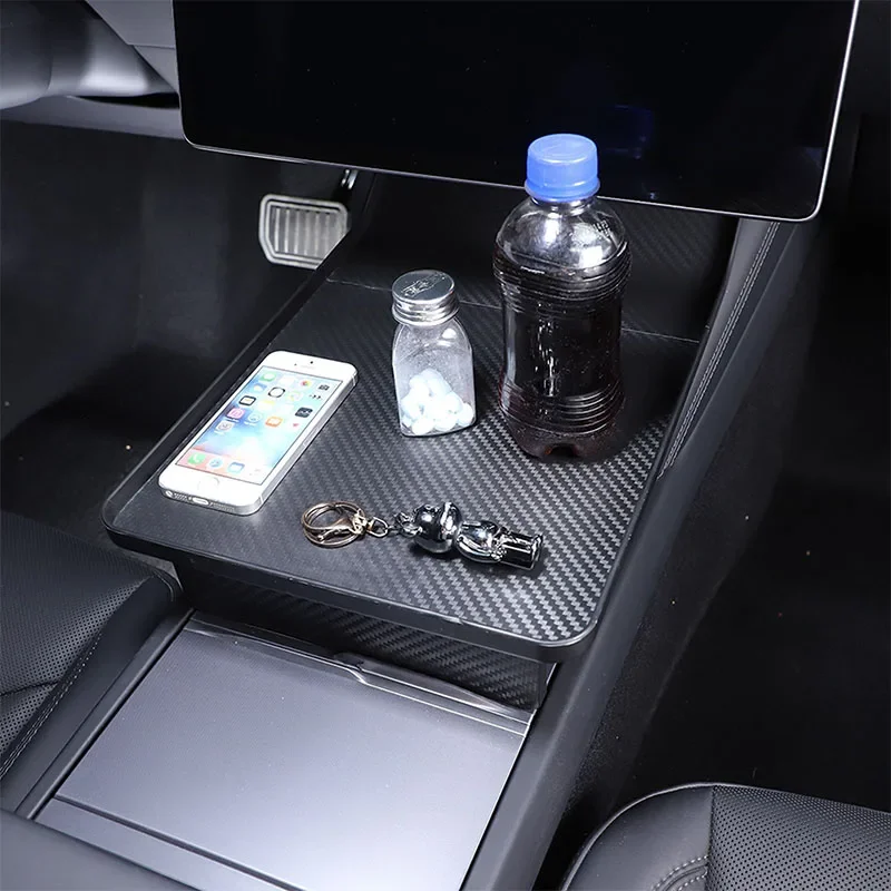 

For Tesla Model 3/Y 2021-2022 ABS Carbon Fiber Car Central Control Dinner Plate Portable Small Table Car Accessories