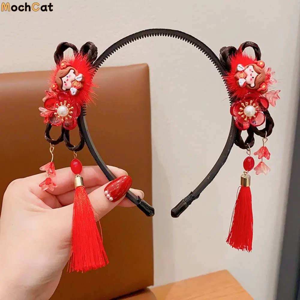 

Tang Suit Chinese Style Hanfu Wig Headband Red Ancient Flower Tassel Headband Headdress Pearl New Year Headwear Children