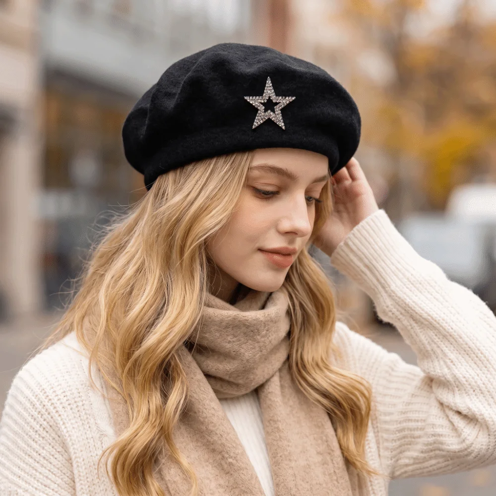 Artist Hat Five-Pointed Star Wool Beret Soft Warm Knitted Painter Hat Solid Color Rhinestone Decor Beanie Cap Street Photography